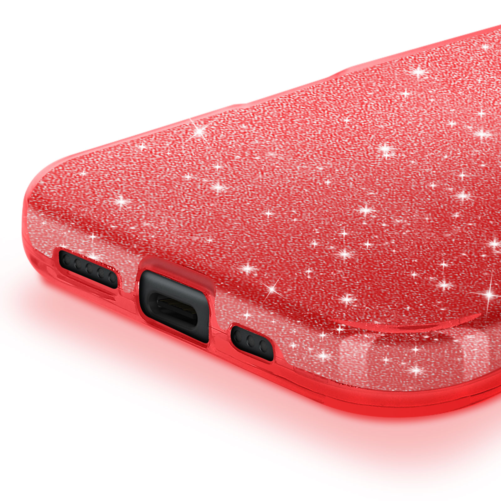 Primo piano di una custodia rossa per telefono con effetto glitter. Il fondo ha delle aperture.