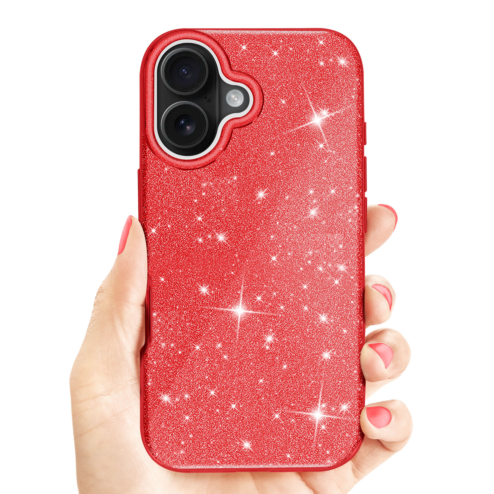 Mano che tiene una custodia rossa glitterata. La custodia copre il telefono con fotocamera e flash.