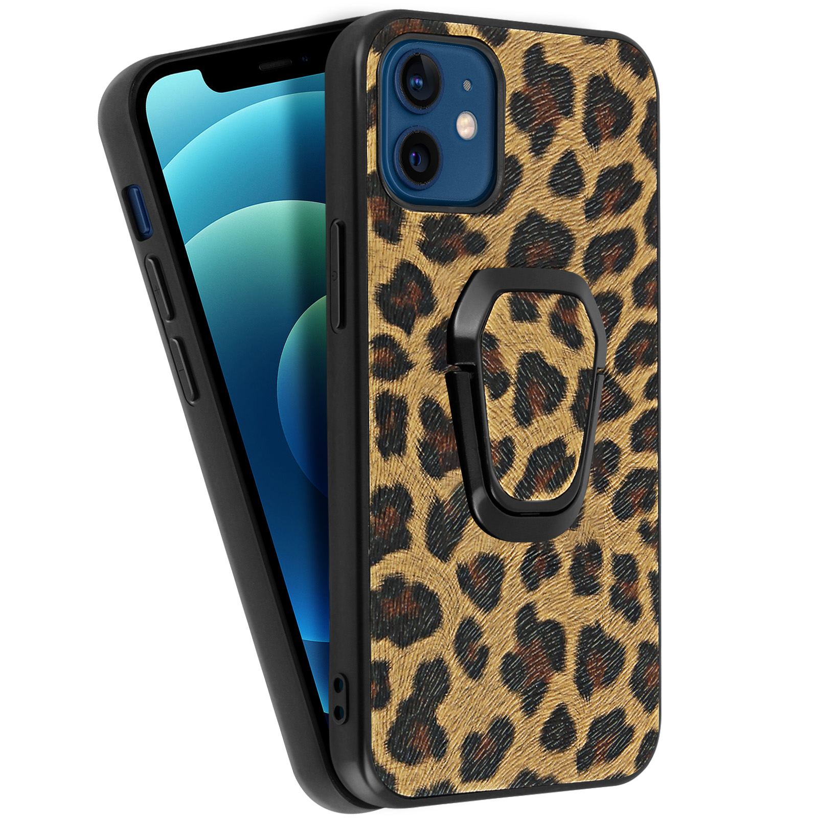 Telefono con custodia a stampa leopardata e anello di supporto. È su sfondo bianco.
