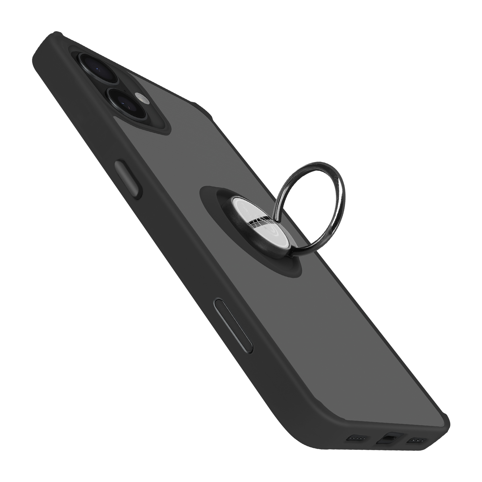 Custodia nera per telefono con supporto ad anello. Il telefono è inclinato, mostrando il retro.