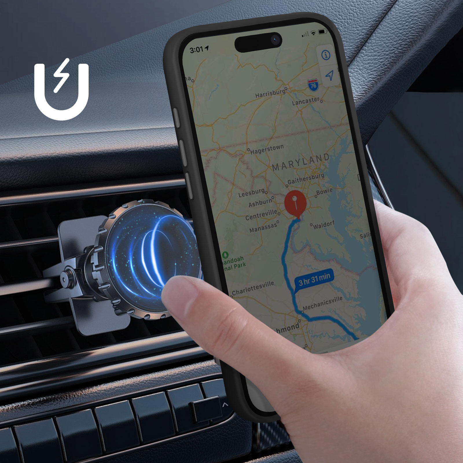 Telefono in un supporto per bocchetta dell'auto, che mostra una mappa. Una mano indica lo schermo.