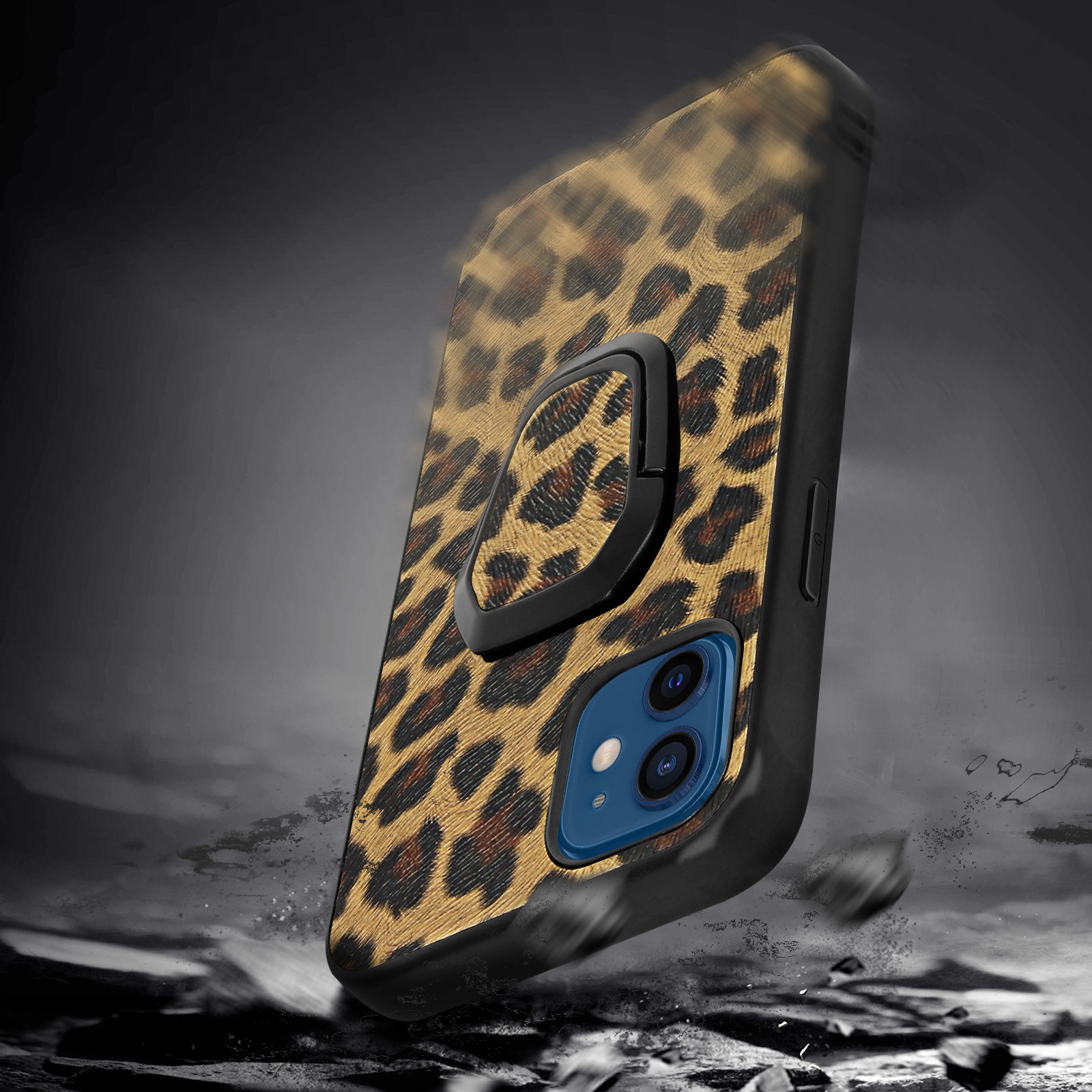 Telefono con custodia leopardata che cade. La custodia ha un supporto ad anello ed è leggermente inclinata.