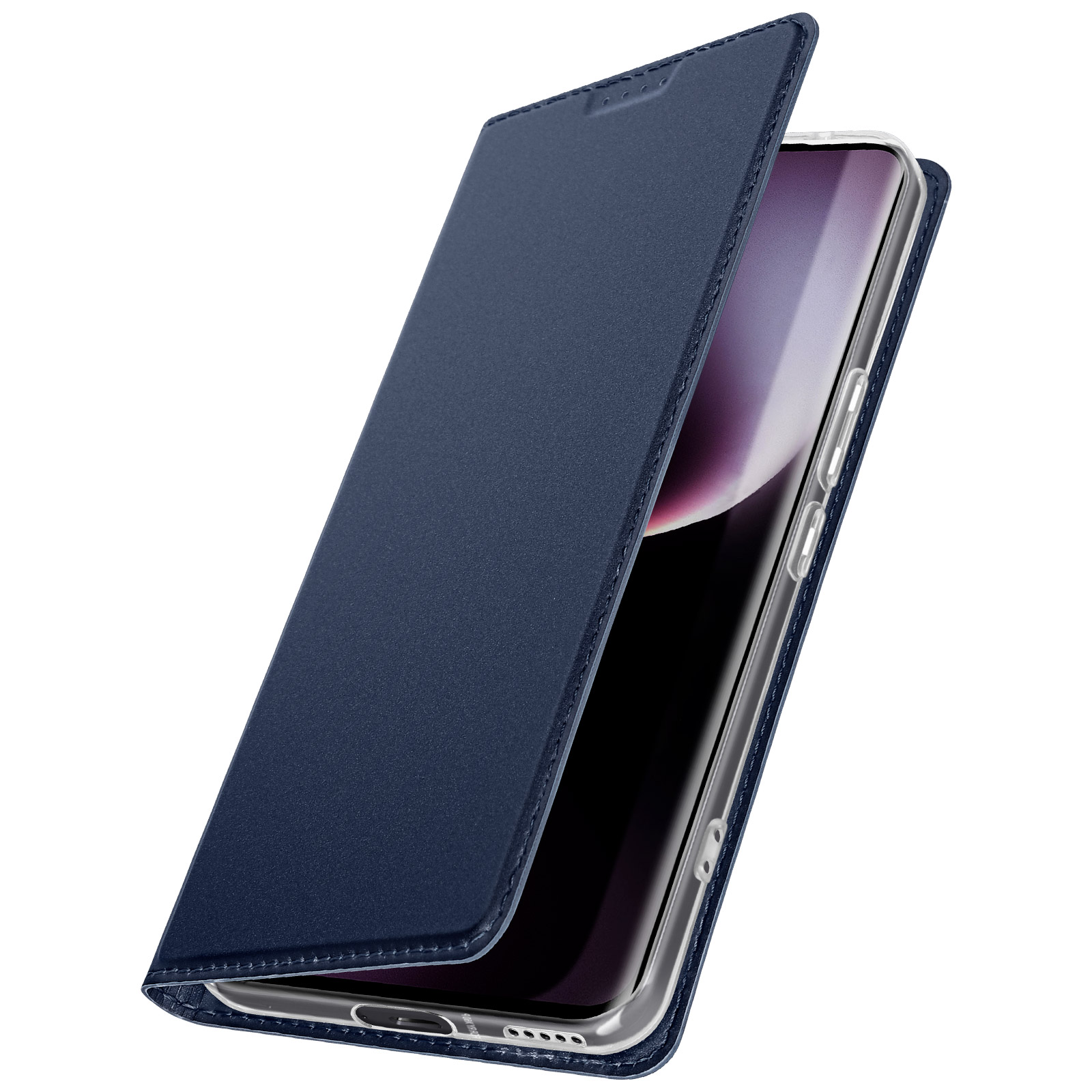 Custodia per telefono blu, aperta, che mostra lo schermo del telefono. La custodia ha una trama in pelle.