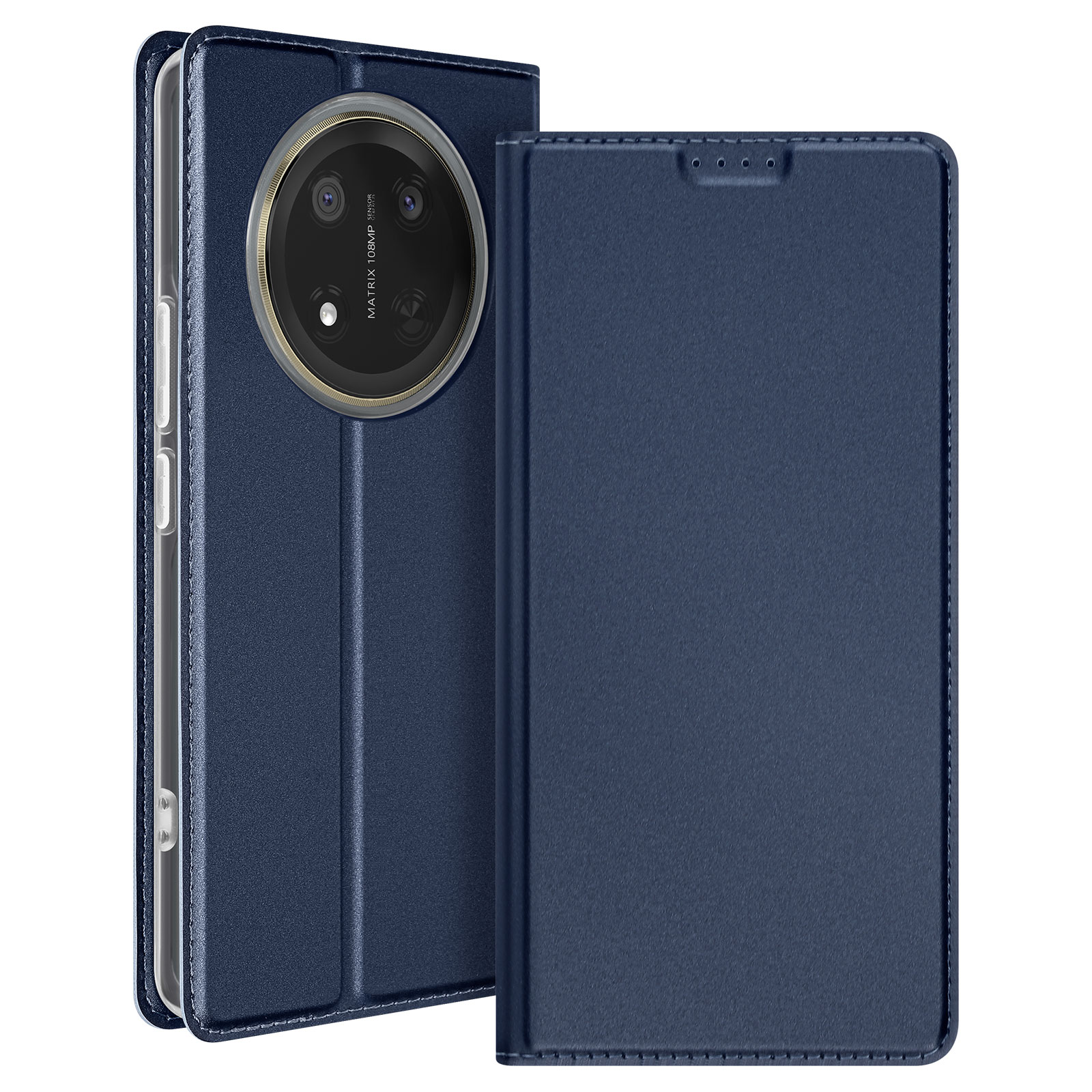 Custodia in pelle blu per telefono aperta, che rivela il telefono, con fessura per carte. Il retro è visibile.