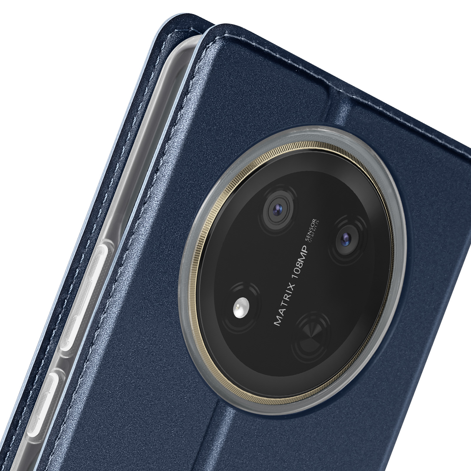 Custodia blu per telefono, primo piano sull'obiettivo della fotocamera con più lenti e testo 108MP.