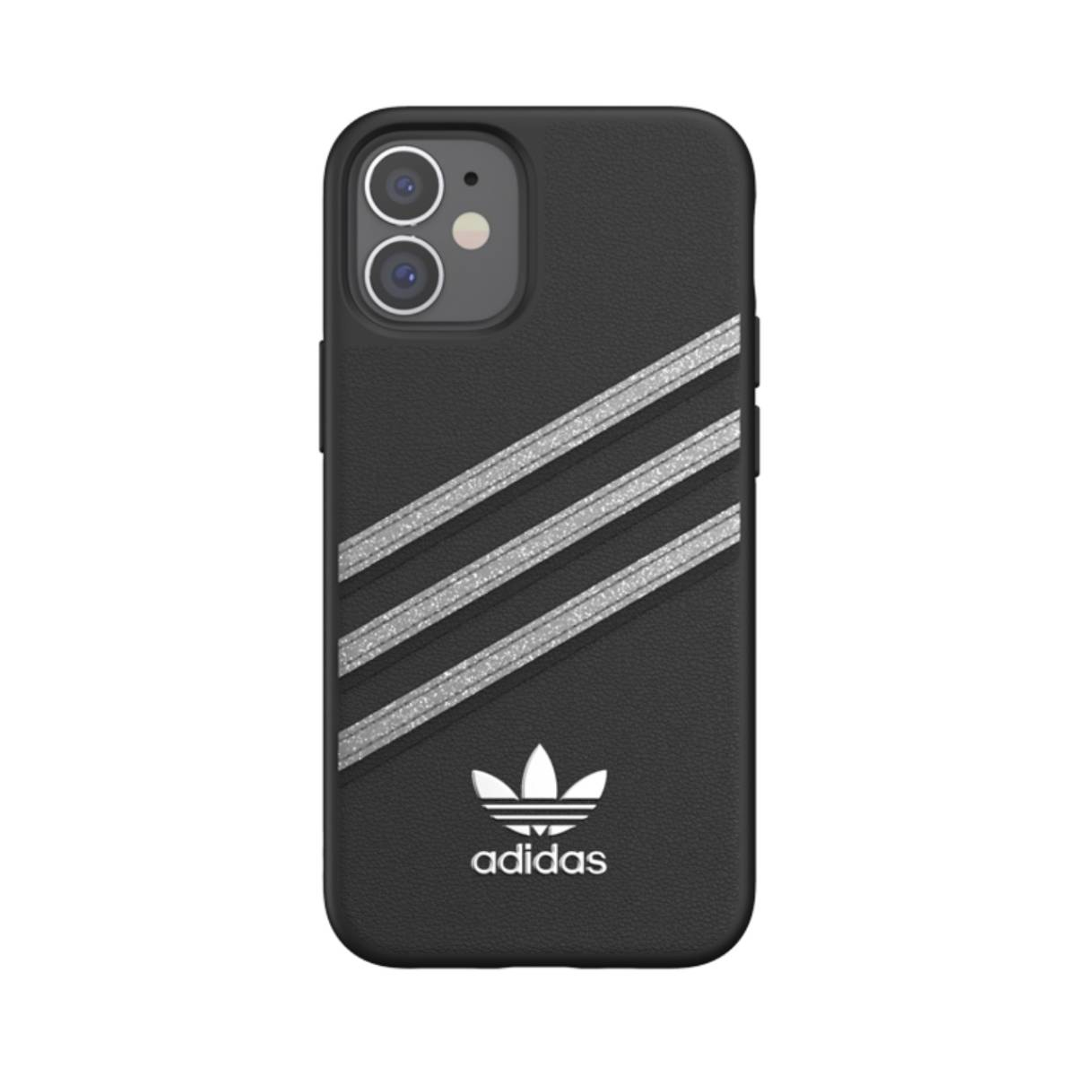 Custodia per telefono nera con il logo Adidas e tre strisce argentate. La custodia è su sfondo bianco.