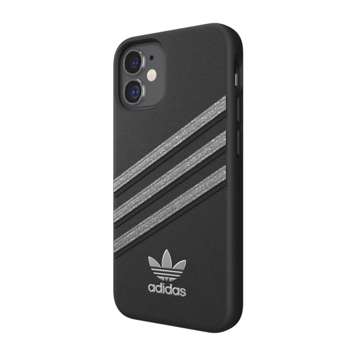 Custodia Adidas nera con strisce argentate e logo Adidas.