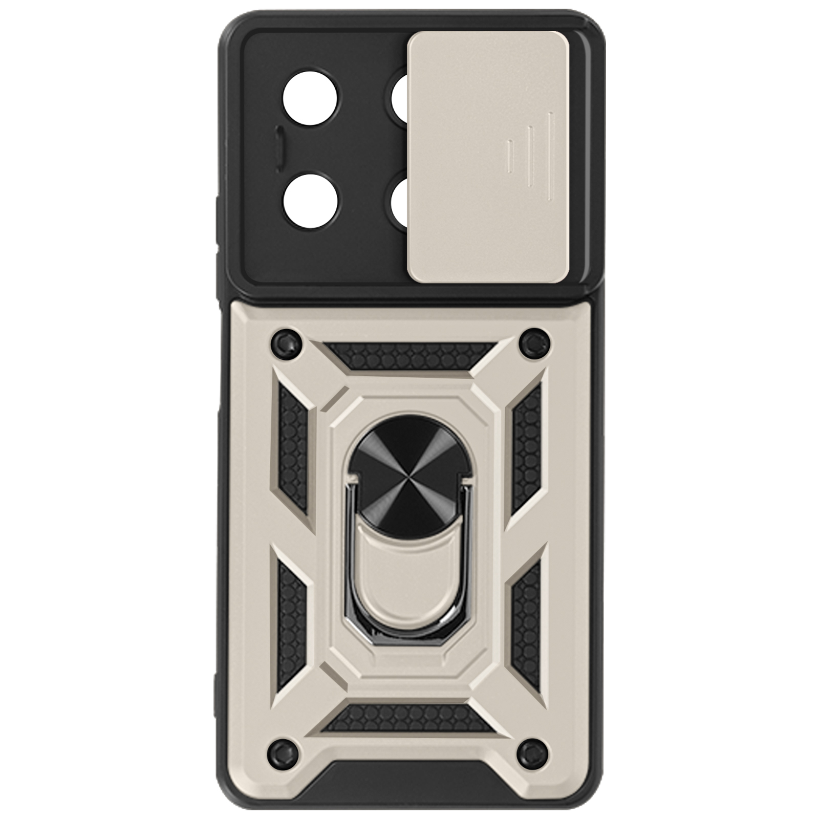 Custodia per telefono con coperchio scorrevole e anello in metallo. Schema colori nero, bianco e argento.