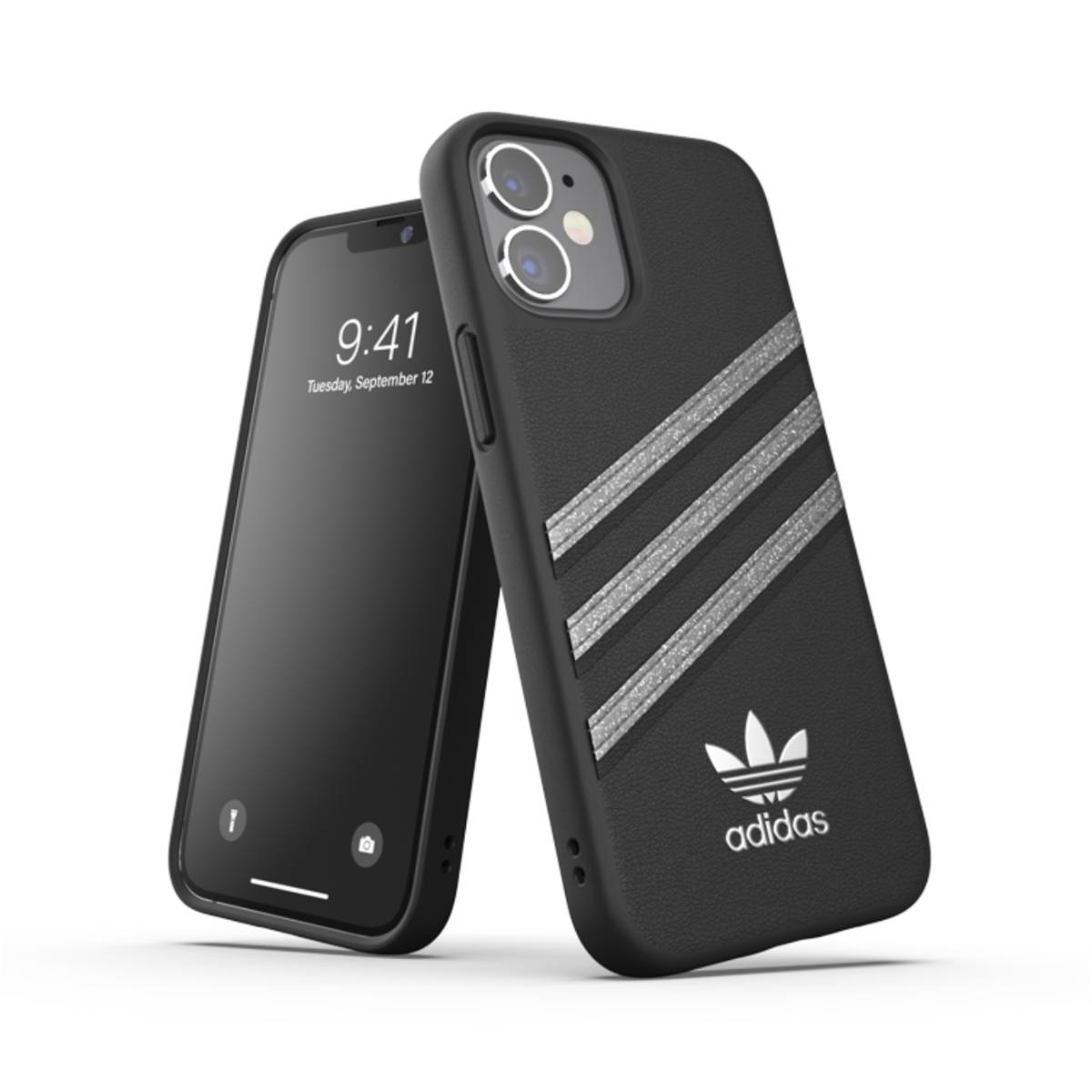 Custodia Adidas nera con strisce argentate e logo Adidas, con un telefono.
