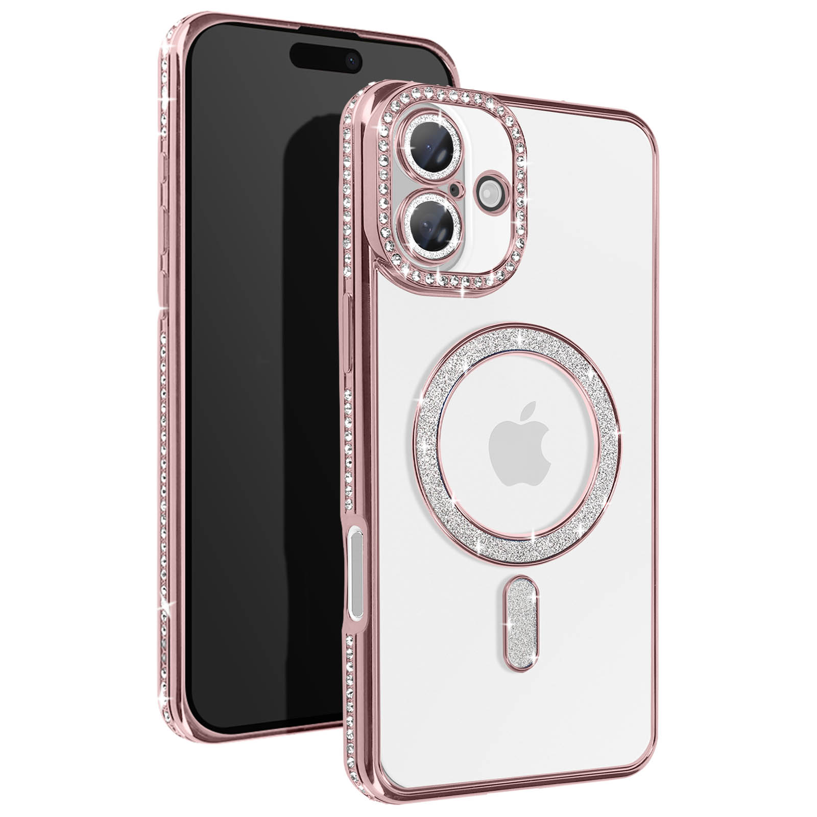 Telefono, schermo nero, custodia oro rosa con strass, retro trasparente. Logo Apple.