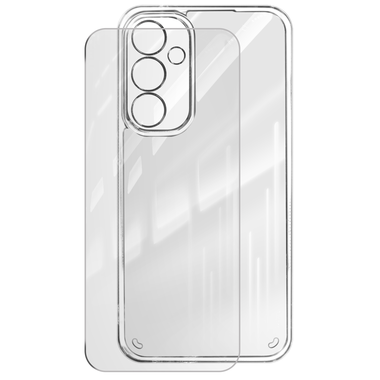 Custodia trasparente per telefono, trasparente, che mostra un contorno del telefono, con un ritaglio per tripla fotocamera.