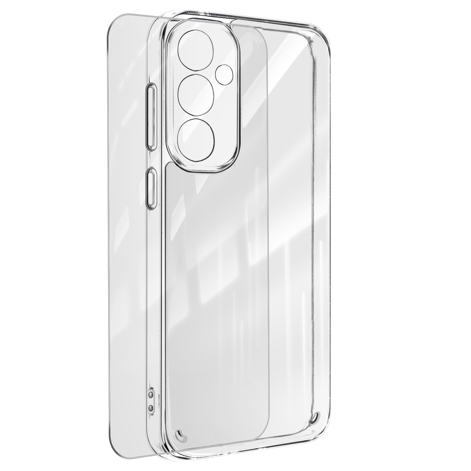 Custodia trasparente per telefono, che mostra i ritagli della fotocamera.