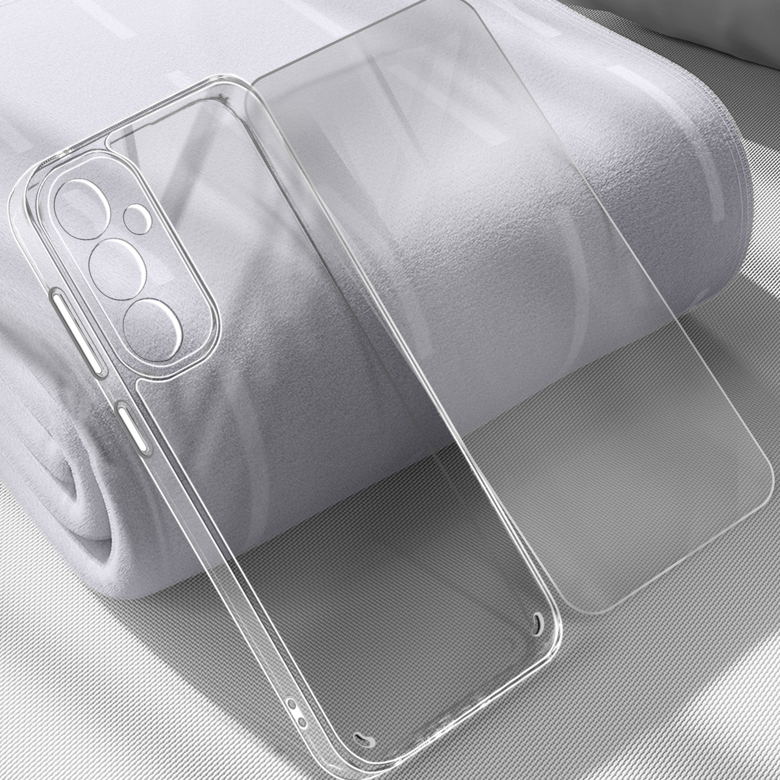 Custodia trasparente per telefono su una coperta bianca, che mostra il contorno del telefono e i ritagli per la fotocamera.