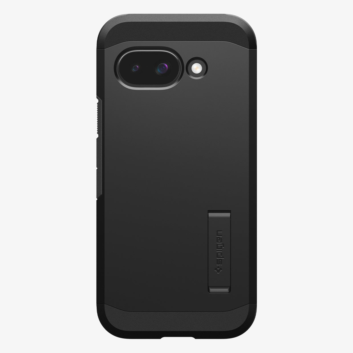 Custodia nera per telefono con ritaglio per fotocamera, cavalletto e logo del marchio, su sfondo bianco.