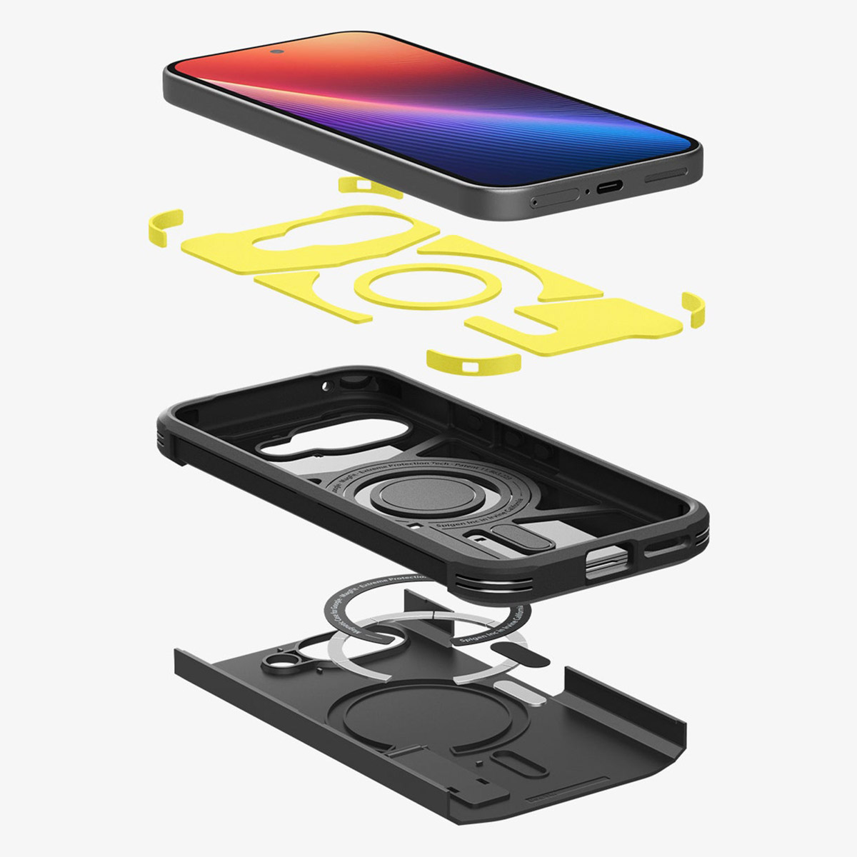 Vista esplosa di un telefono, parti della custodia gialle, telaio nero e un telefono.