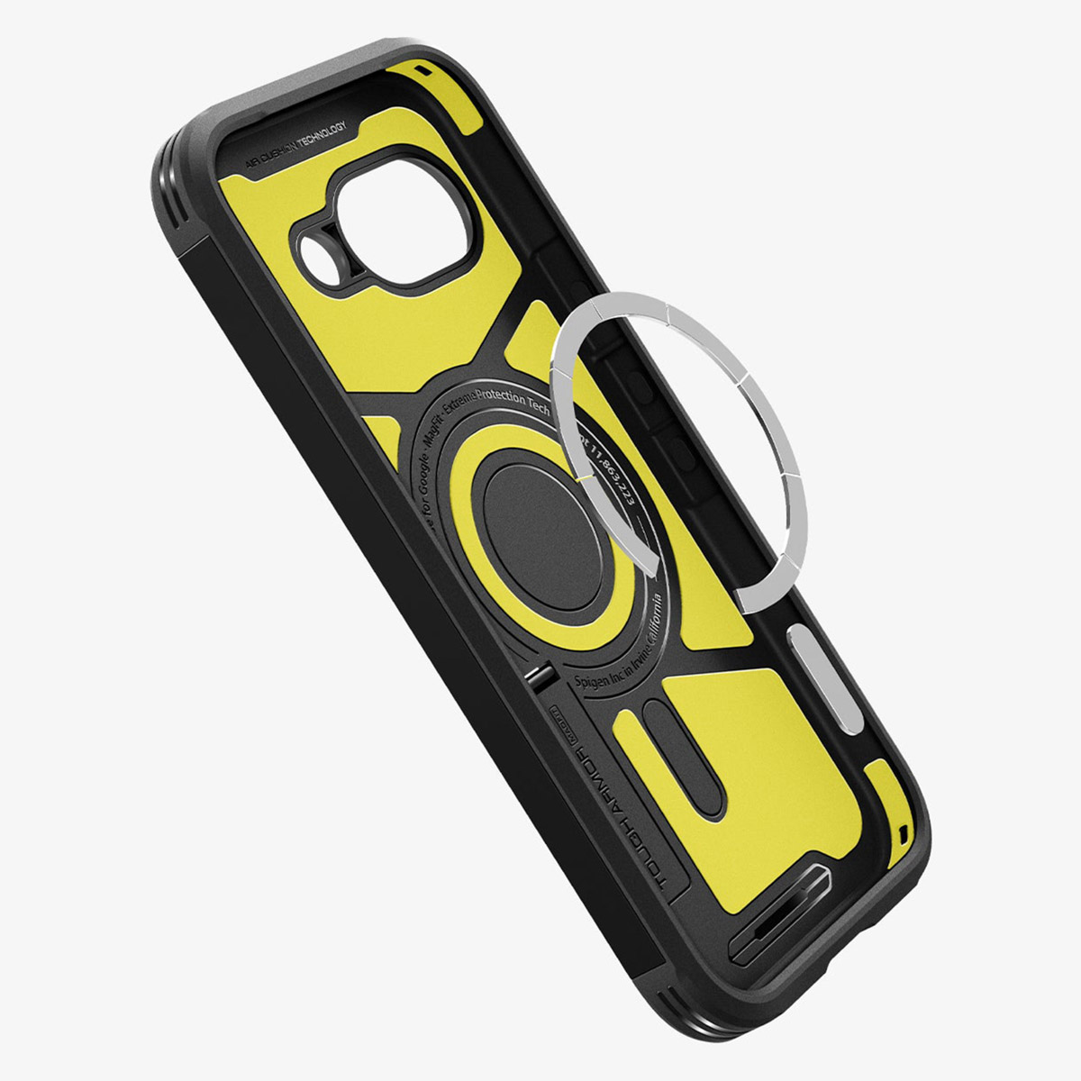 Custodia per telefono, nera e gialla, con un anello magnetico e telefono all'interno.
