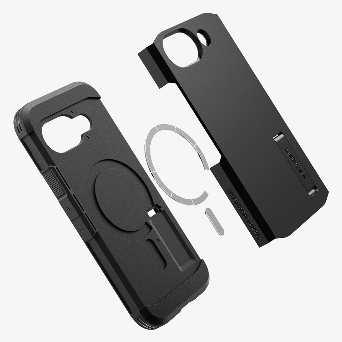 Custodia nera per telefono con cavalletto e ritaglio per telefono, smontata, su sfondo bianco.