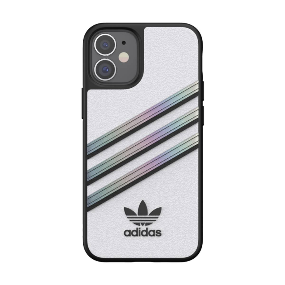 Custodia bianca con strisce Adidas. Il telefono ha un bordo nero.