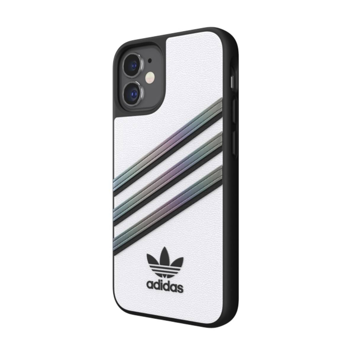Custodia per telefono Adidas su sfondo bianco. Custodia bianca con strisce nere e iridescenti e logo Adidas.