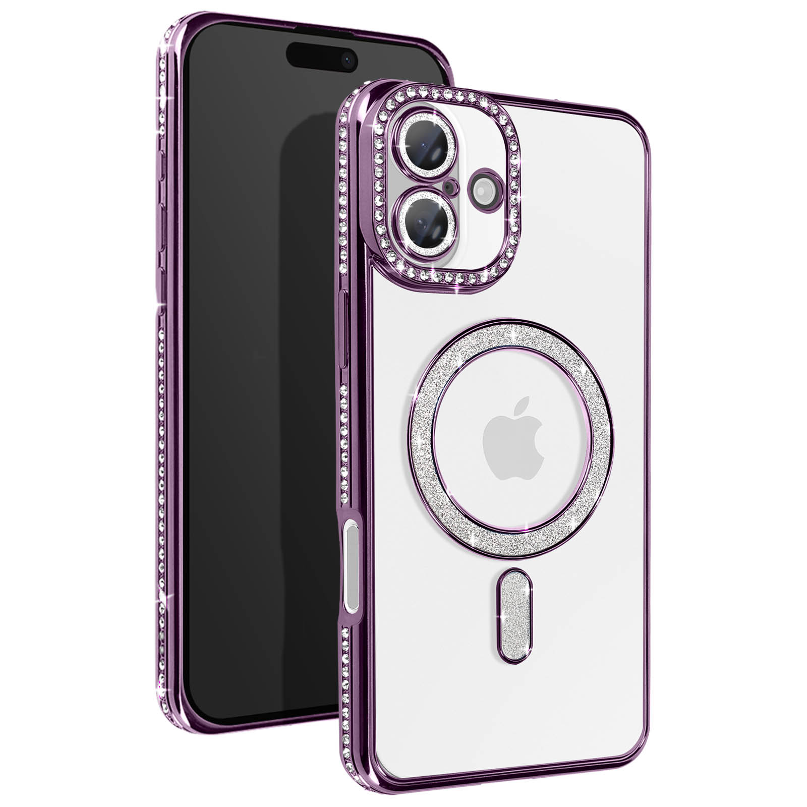 Telefono con custodia trasparente. Strass intorno alla fotocamera e ai bordi.