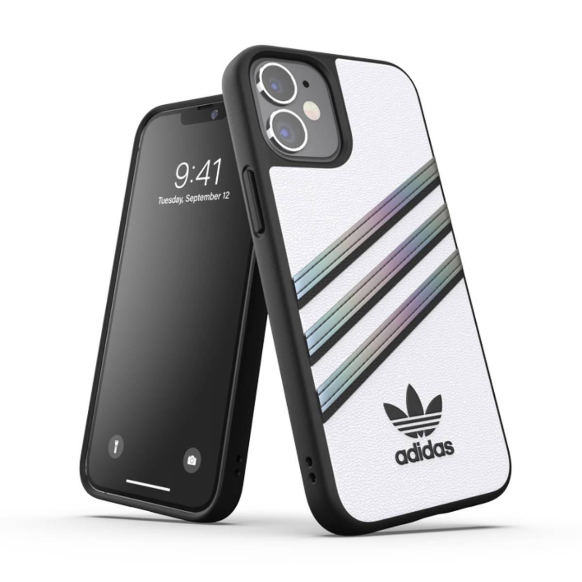 Telefono con custodia Adidas accanto a uno schermo con un timestamp.
