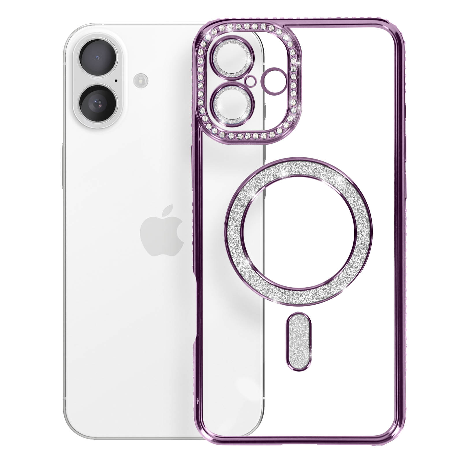 Custodia trasparente per iPhone con dettagli viola. La custodia ha un anello di cristalli attorno alla fotocamera.