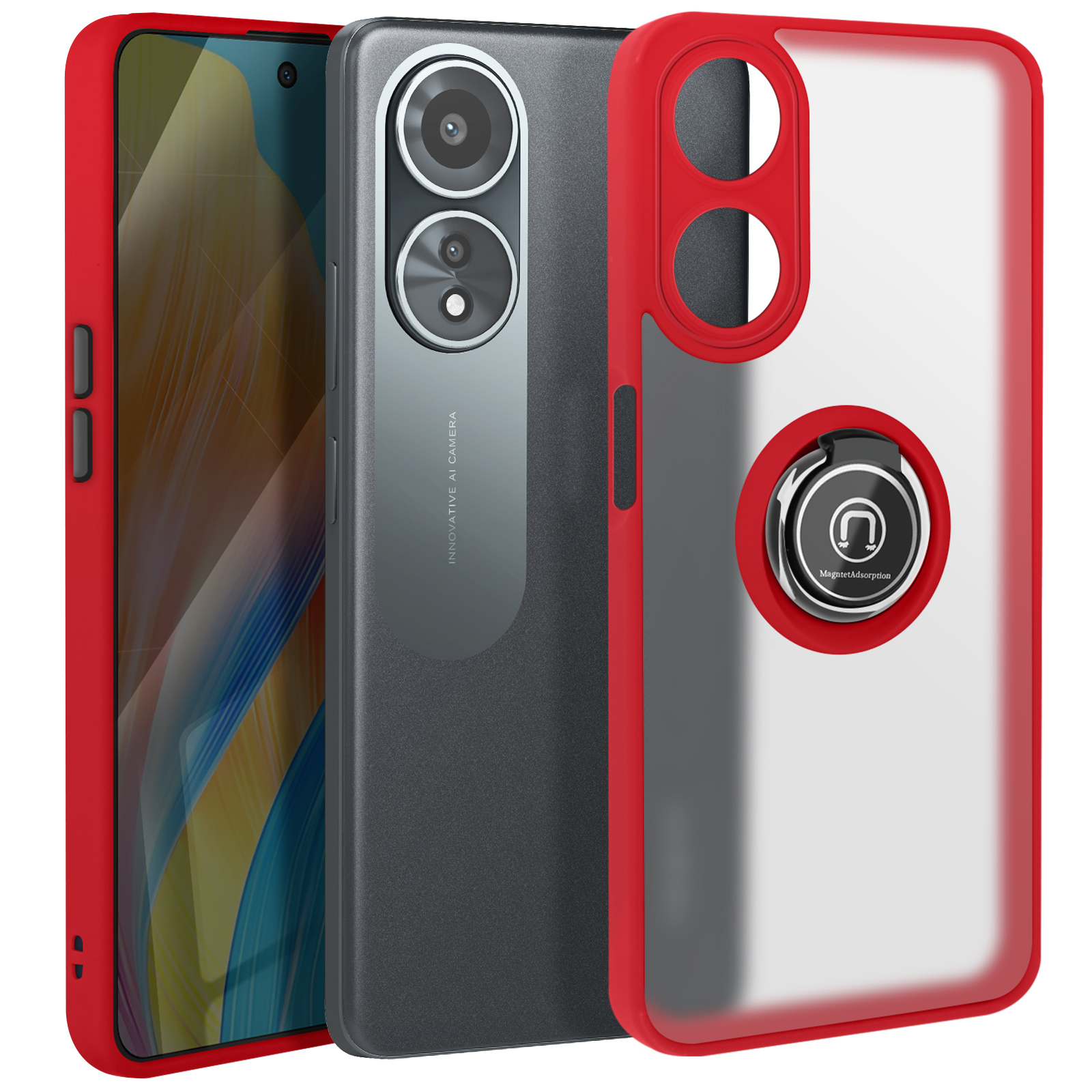 Telefono con custodia rossa e anello portaoggetti sul retro. Il telefono è grigio ed è presente anche una custodia trasparente.