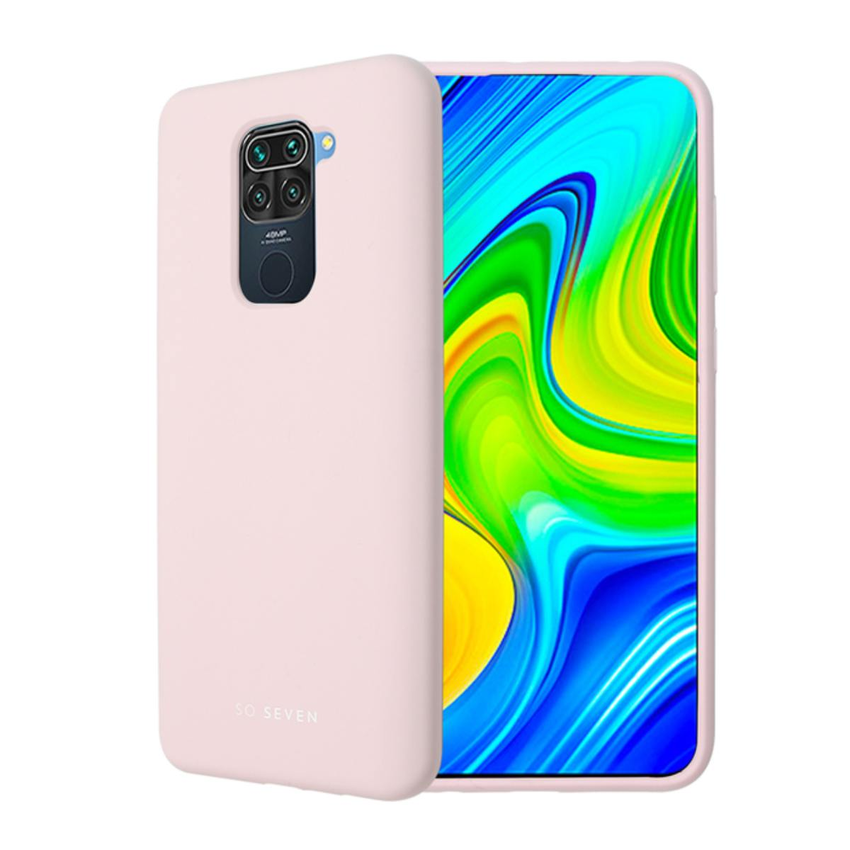 Custodia per telefono rosa con telefono laterale. Lo schermo del telefono mostra uno sfondo colorato. Logo So Seven in basso.