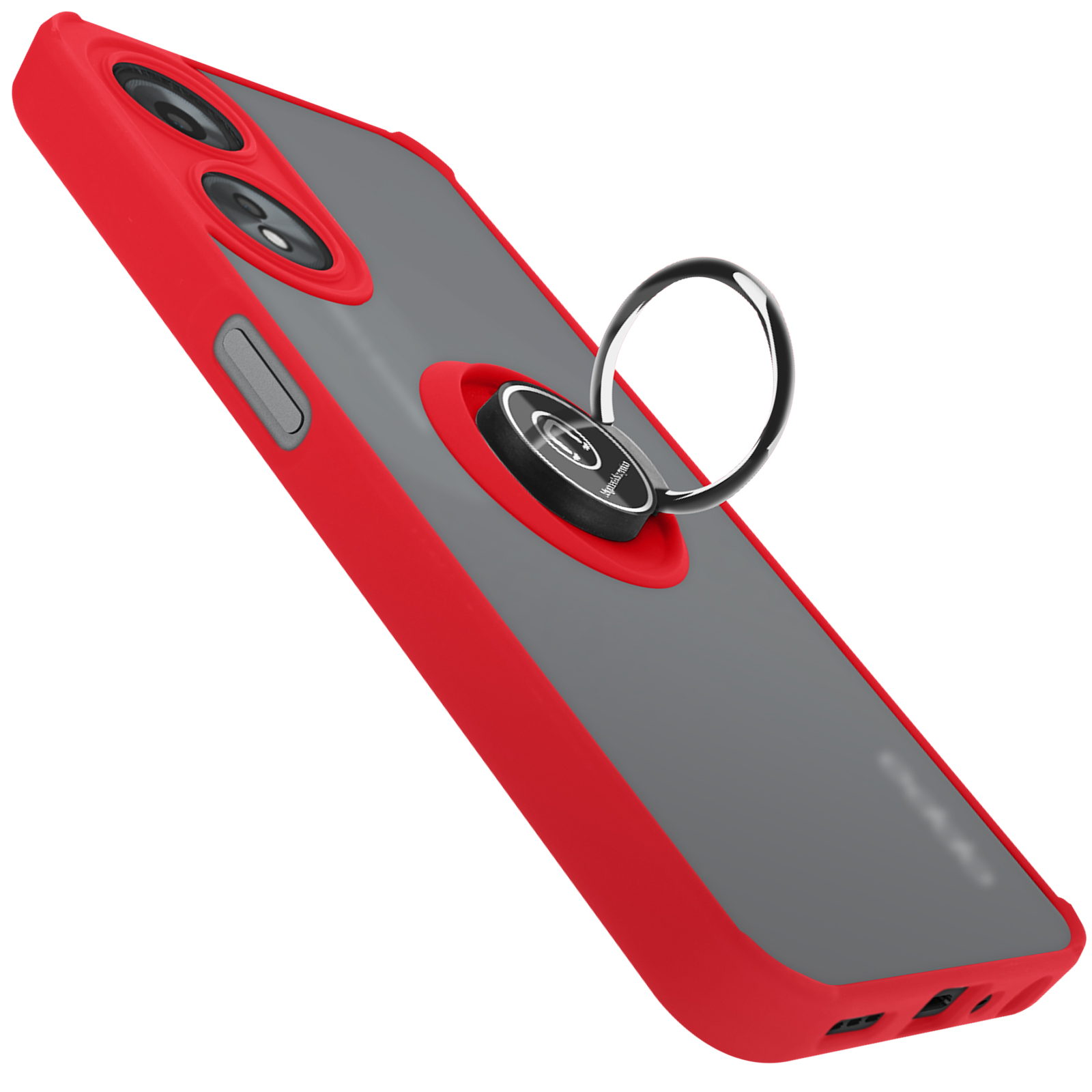 Custodia rossa con anello portaoggetti al centro. Il telefono è grigio. La custodia e il telefono sono inclinati.