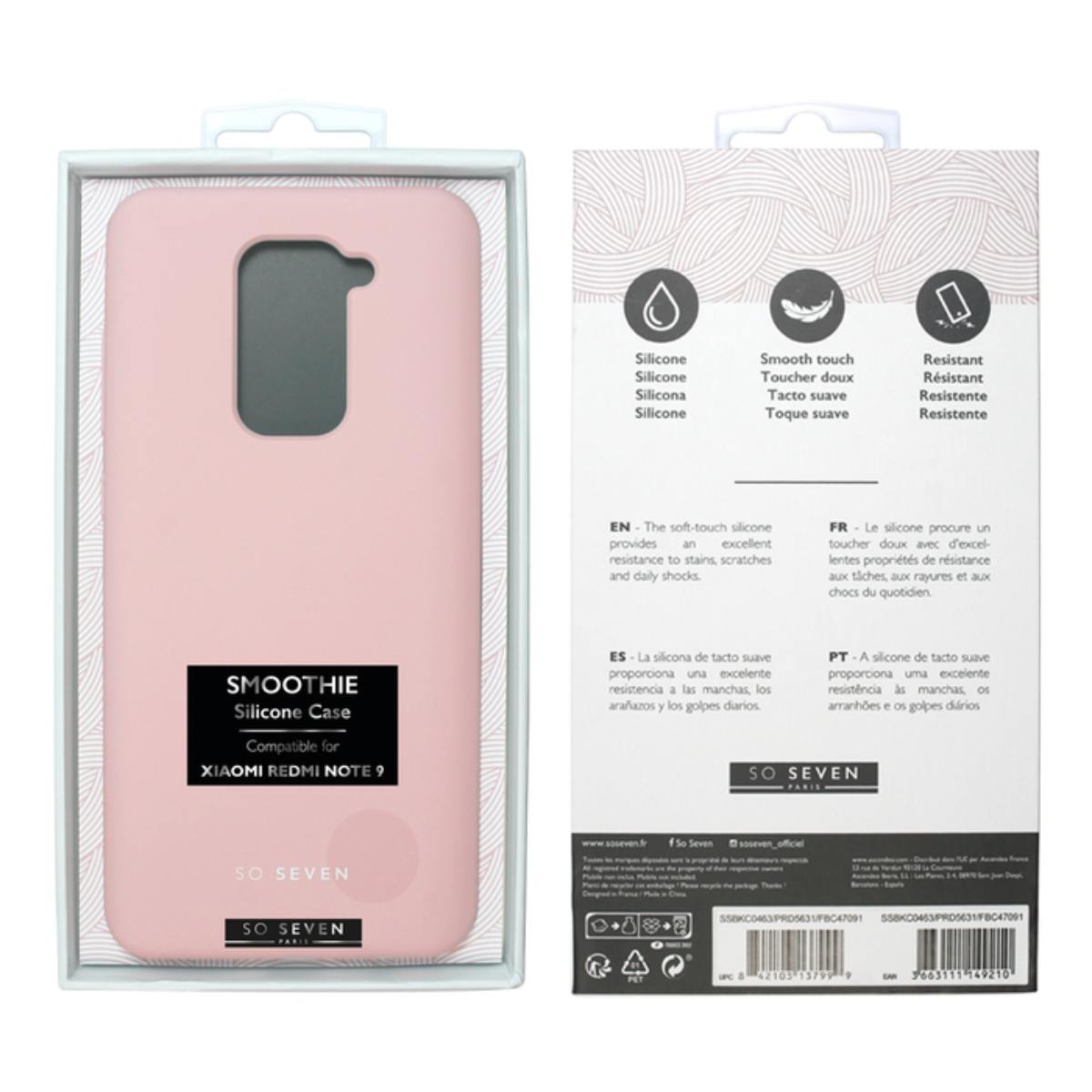Custodia rosa con sfondo bianco. Il testo sul retro menziona custodia in silicone e la confezione è aperta.