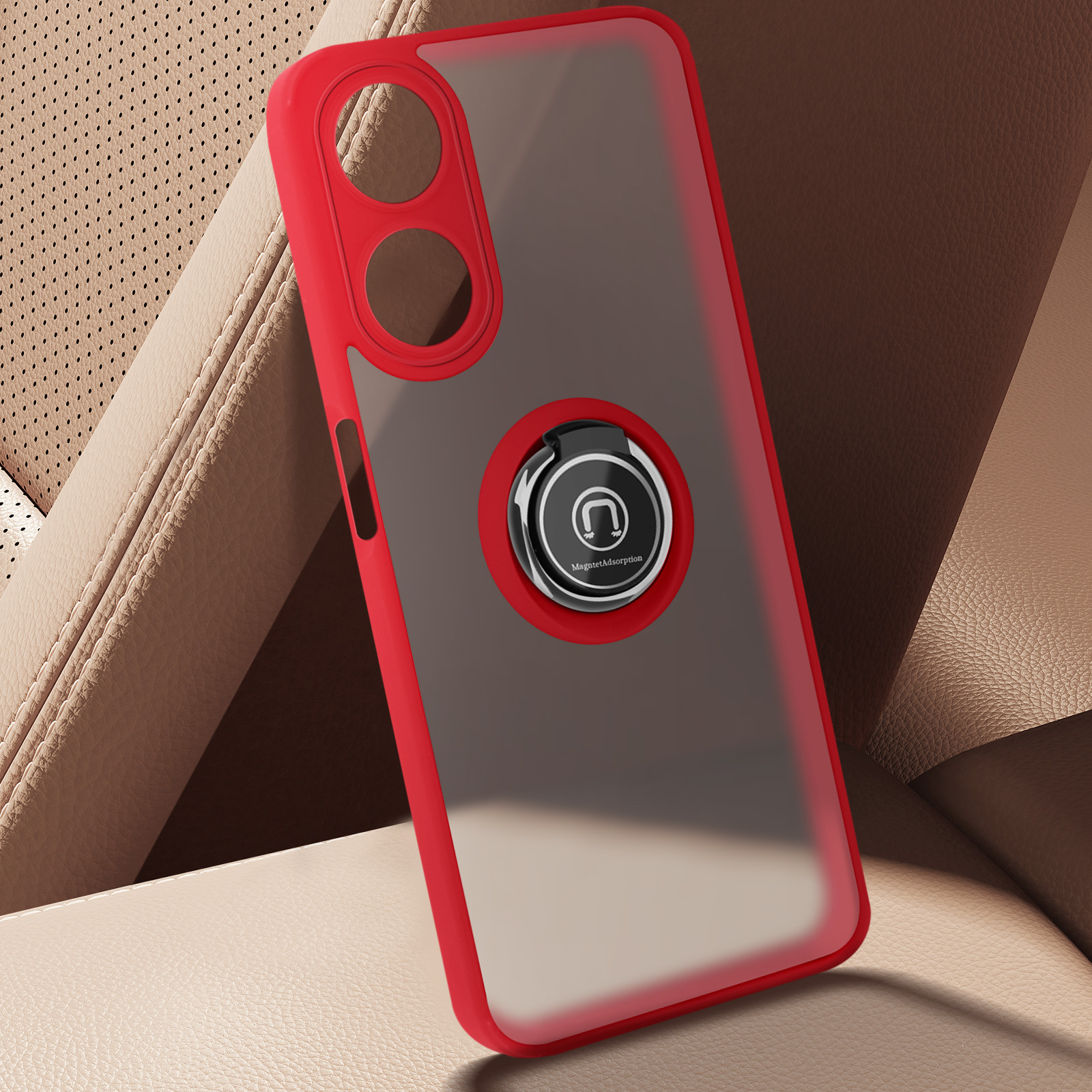 Custodia per telefono rossa con anello di supporto. È rossa con retro trasparente. L'anello è argentato.
