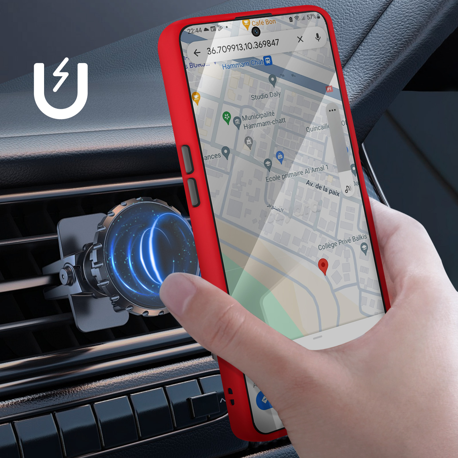 Custodia rossa su un telefono in auto. Il telefono mostra una mappa. Viene mostrato un supporto magnetico.