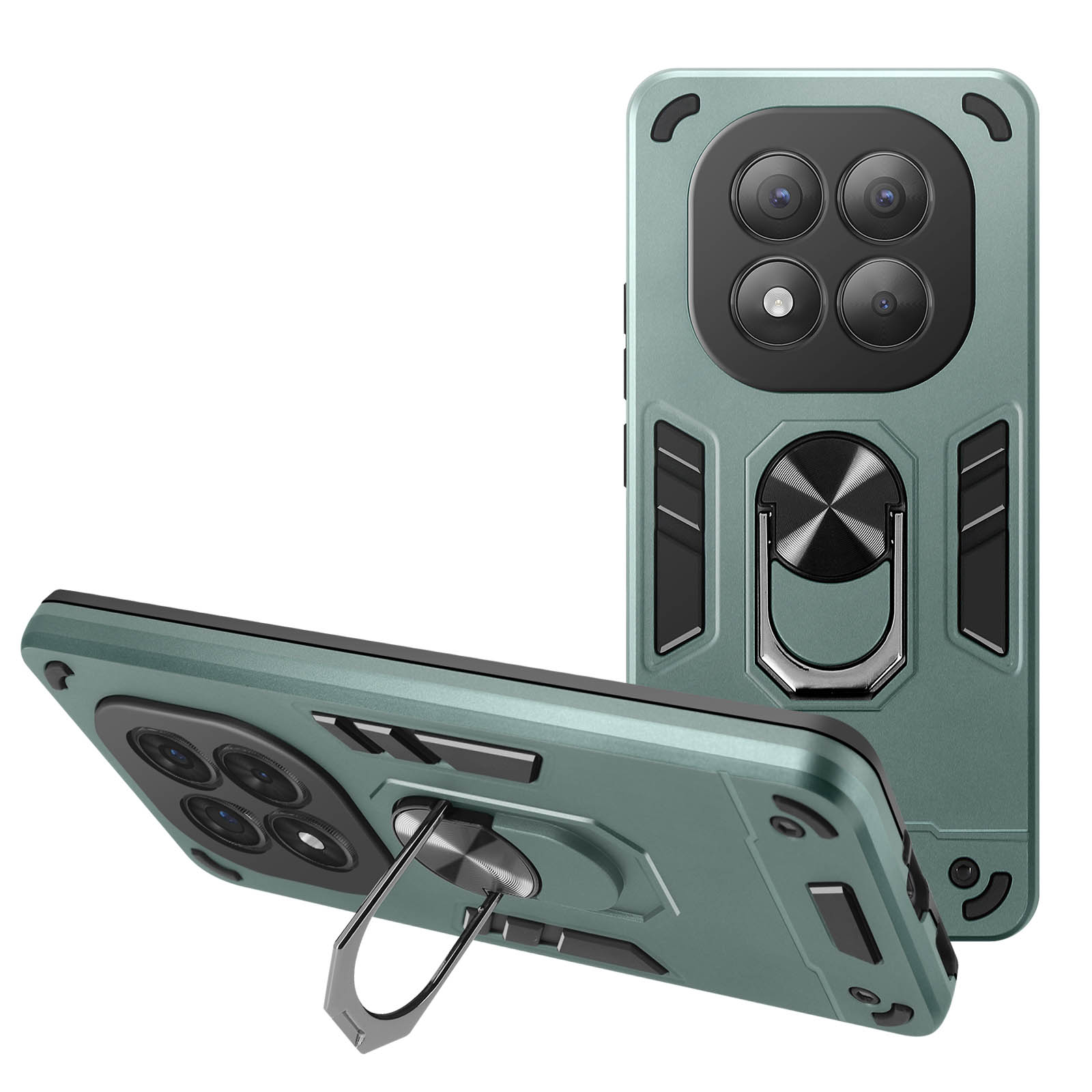 Viene visualizzata una custodia verde per telefono con cavalletto e protezione della fotocamera.