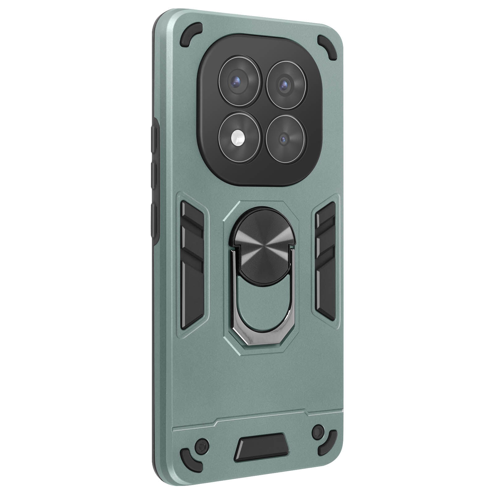Custodia verde con anello di supporto. Quattro fotocamere e un anello al centro per tenere.