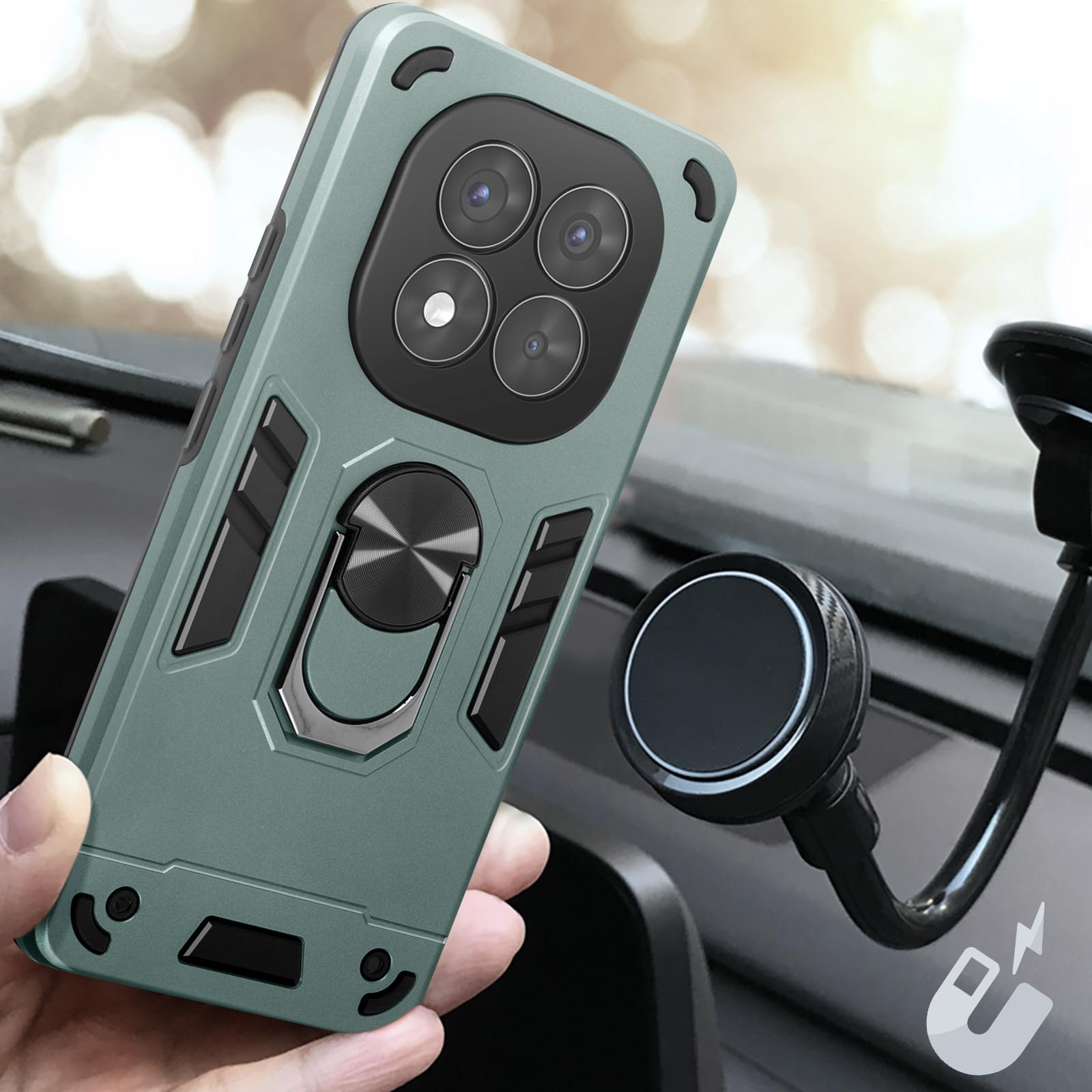 Una custodia per telefono in un'auto, montata su un cruscotto, che mostra un magnete.