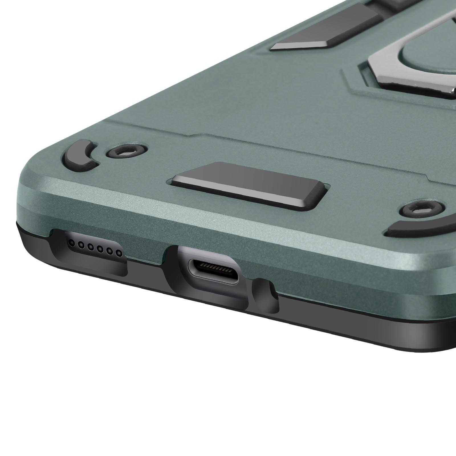 Primo piano di una custodia per telefono verde con porte e pulsanti visibili.