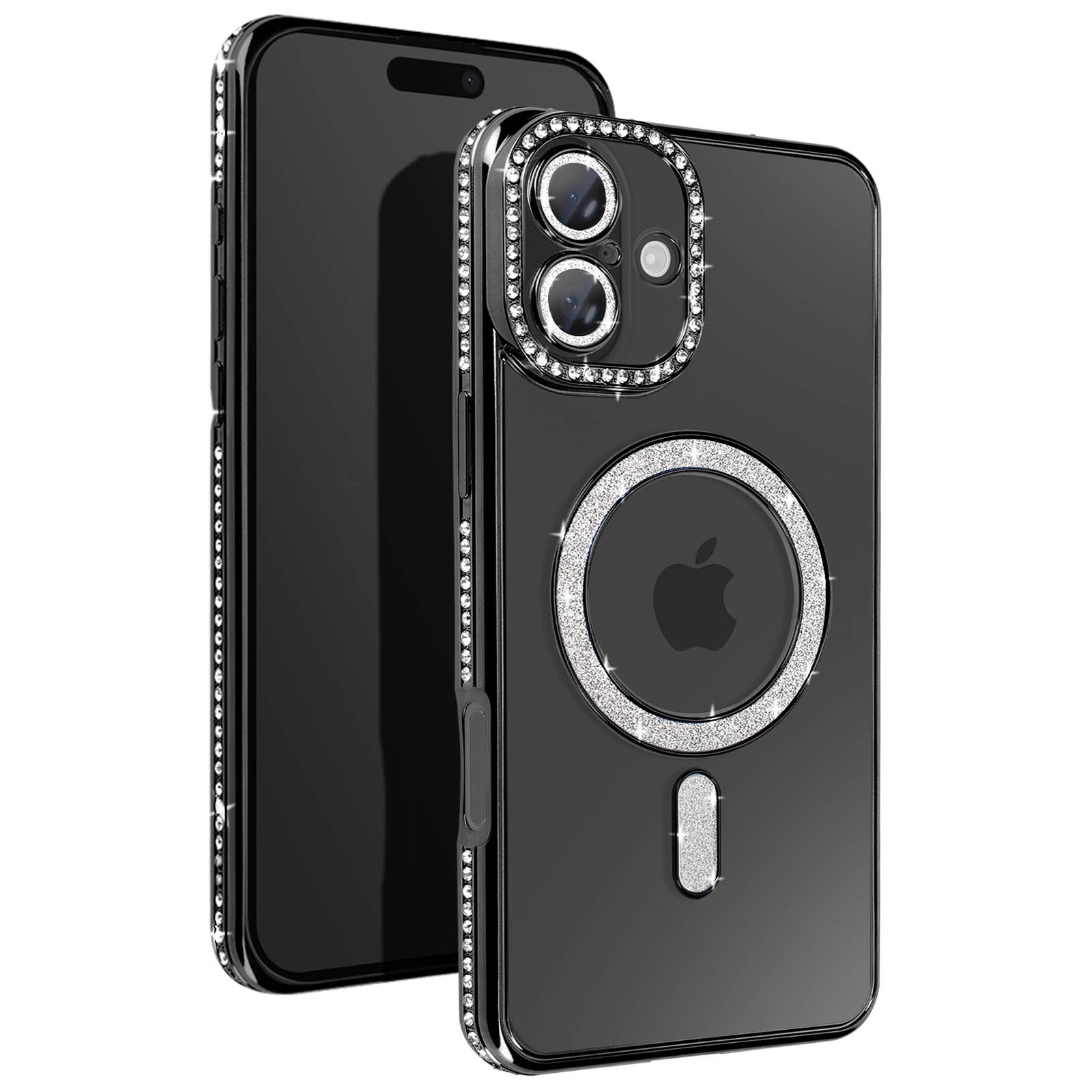 Custodia nera con diamanti. Telefono con tre fotocamere e un anello di diamanti.