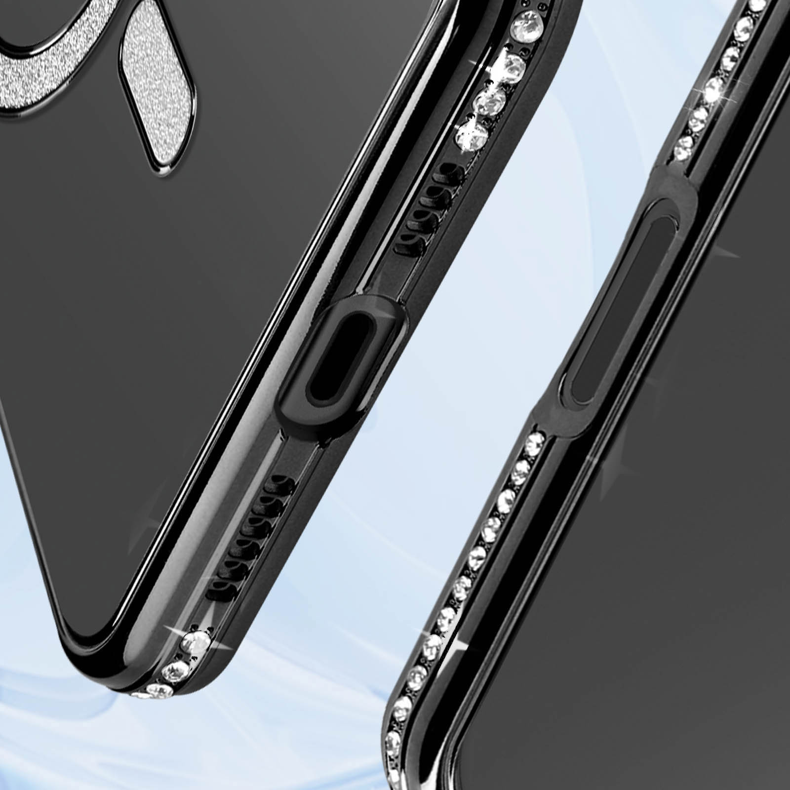 Primo piano di una custodia con diamanti. Custodia nera con diamanti attorno alla fotocamera e ai bordi.