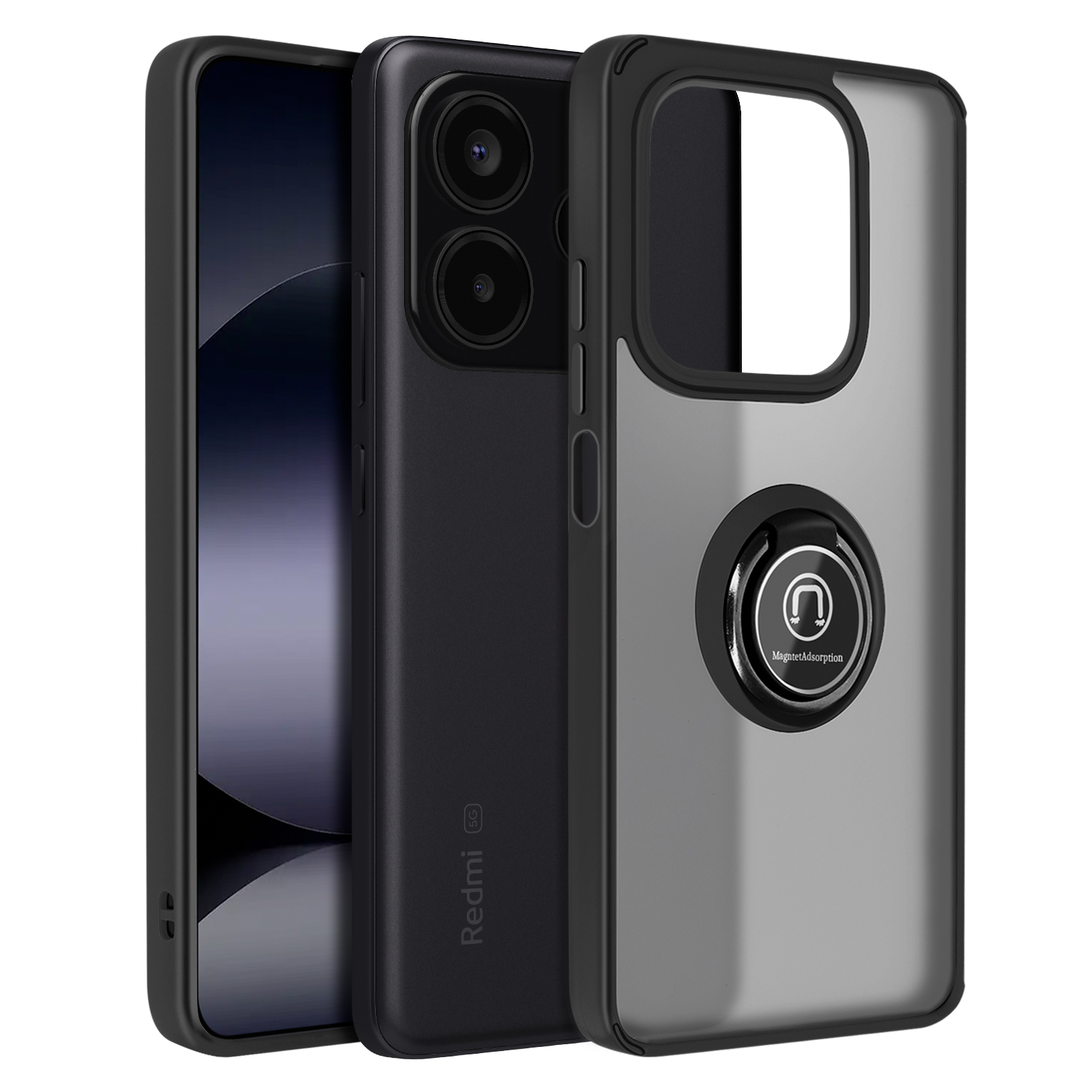 Telefono nero in una custodia. Il telefono ha due fotocamere e un supporto ad anello sul retro.