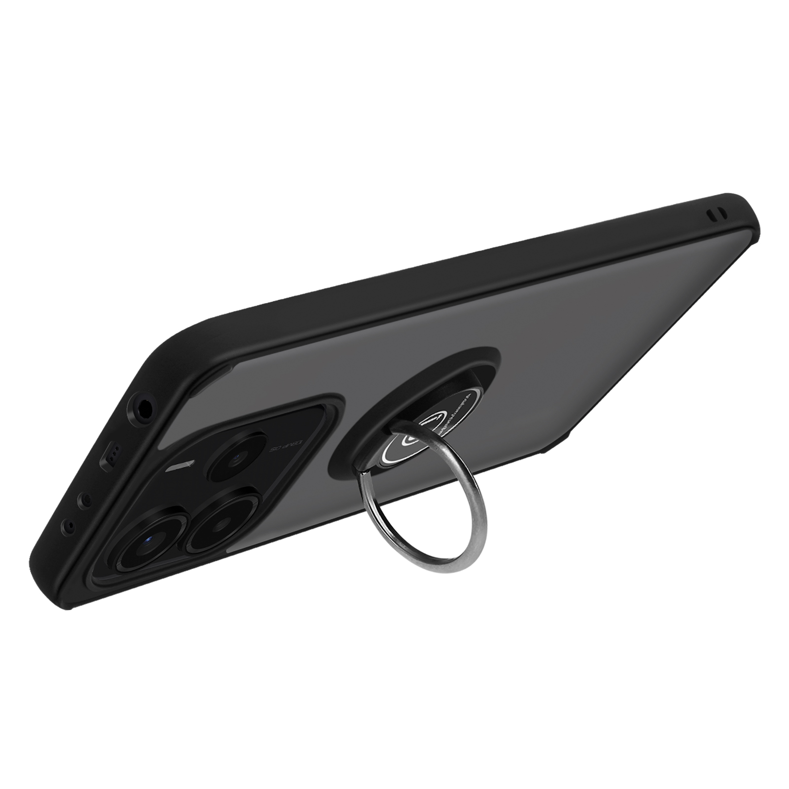 Telefono nero con un supporto ad anello sul retro. Il telefono è in una custodia trasparente.