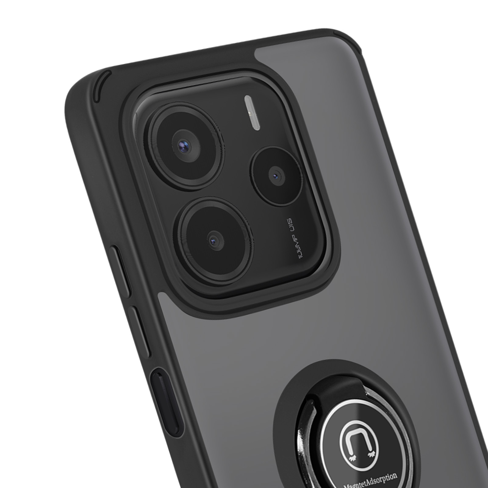 Custodia nera con anello di supporto. Il telefono ha tre fotocamere.