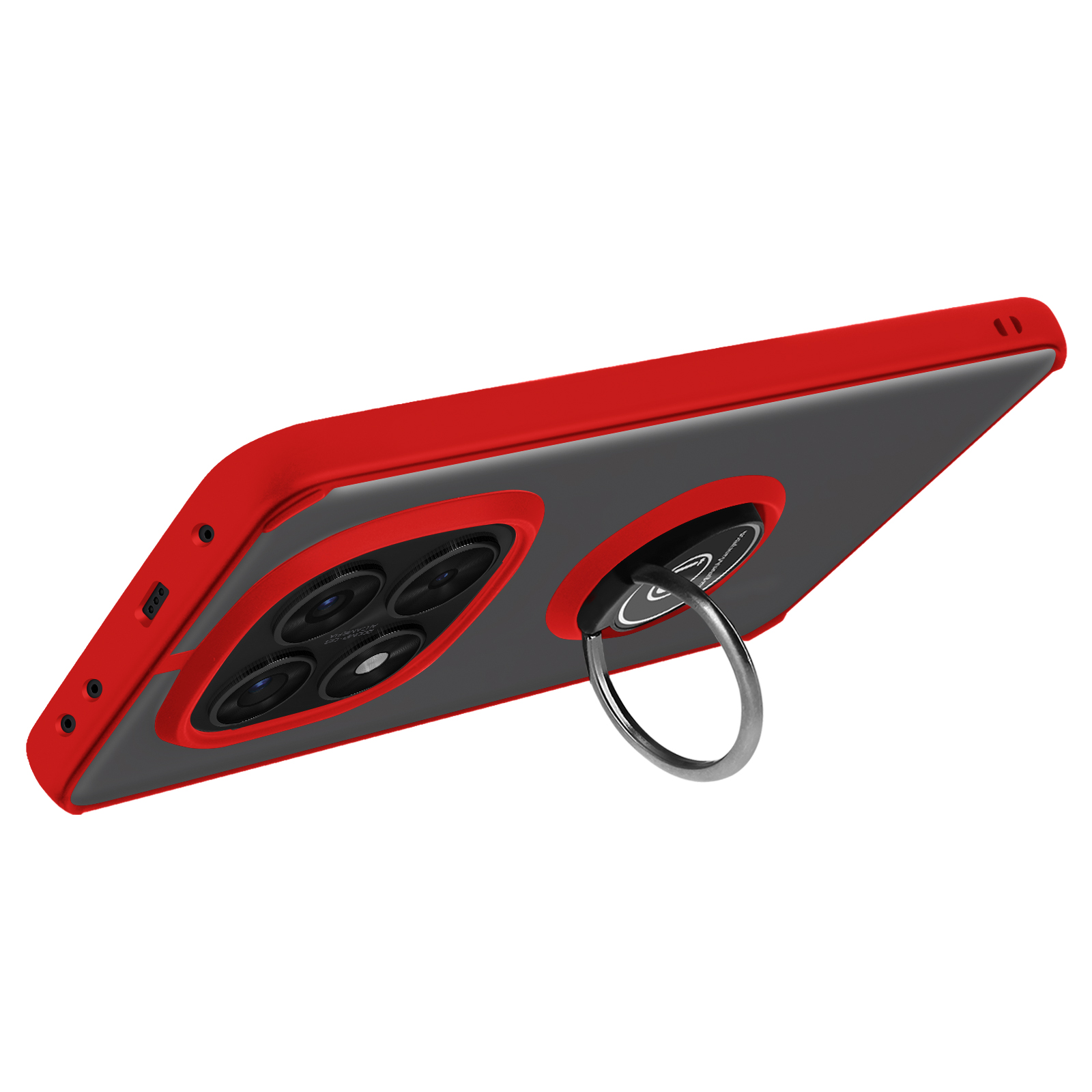 Telefono rosso con un supporto ad anello sul retro. Il telefono è in una custodia trasparente.