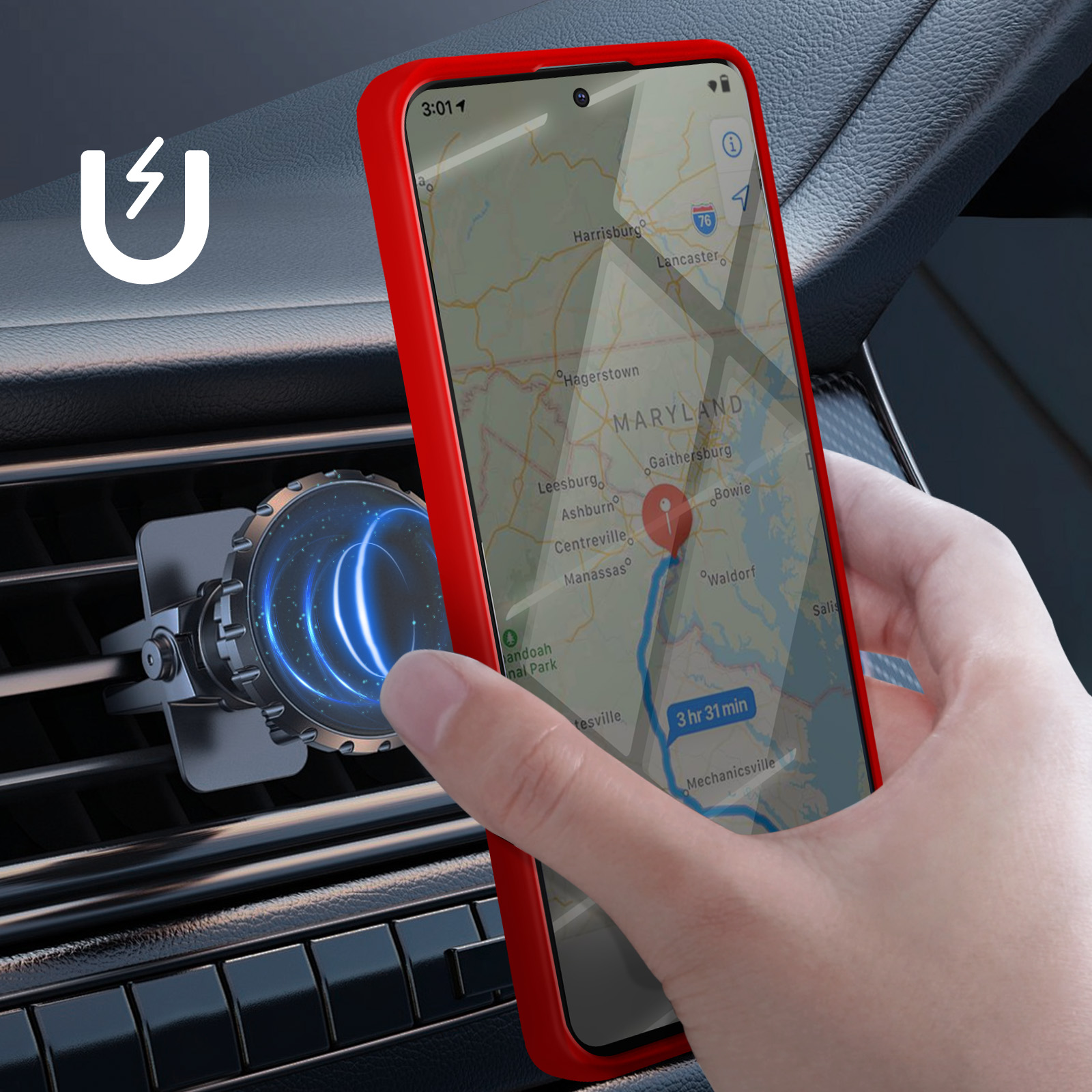 Telefono rosso in una custodia rossa montato in auto, con mappa sullo schermo.