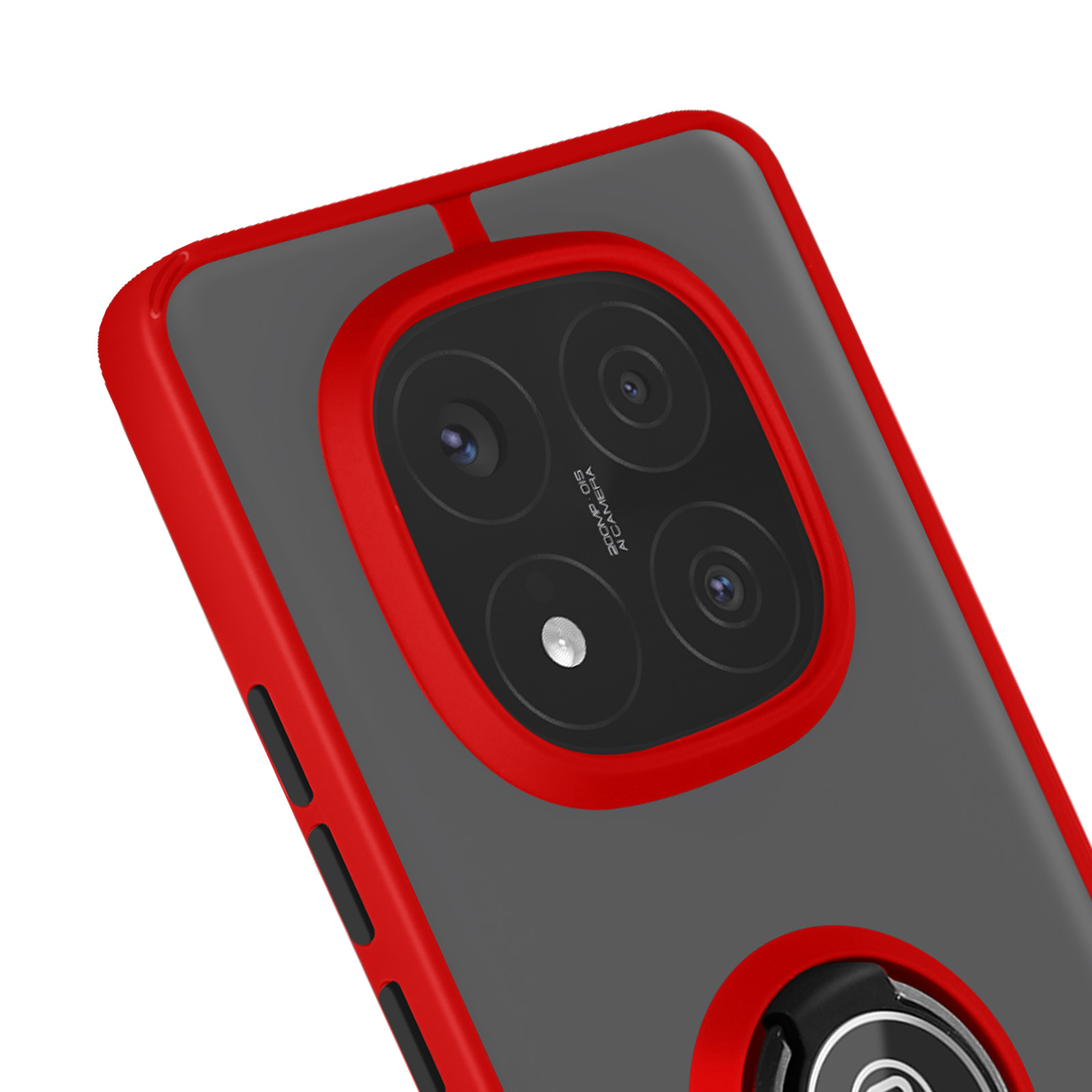 Custodia per telefono rossa e grigia, vista posteriore con cerchio della fotocamera, anello nero. Sfondo bianco.