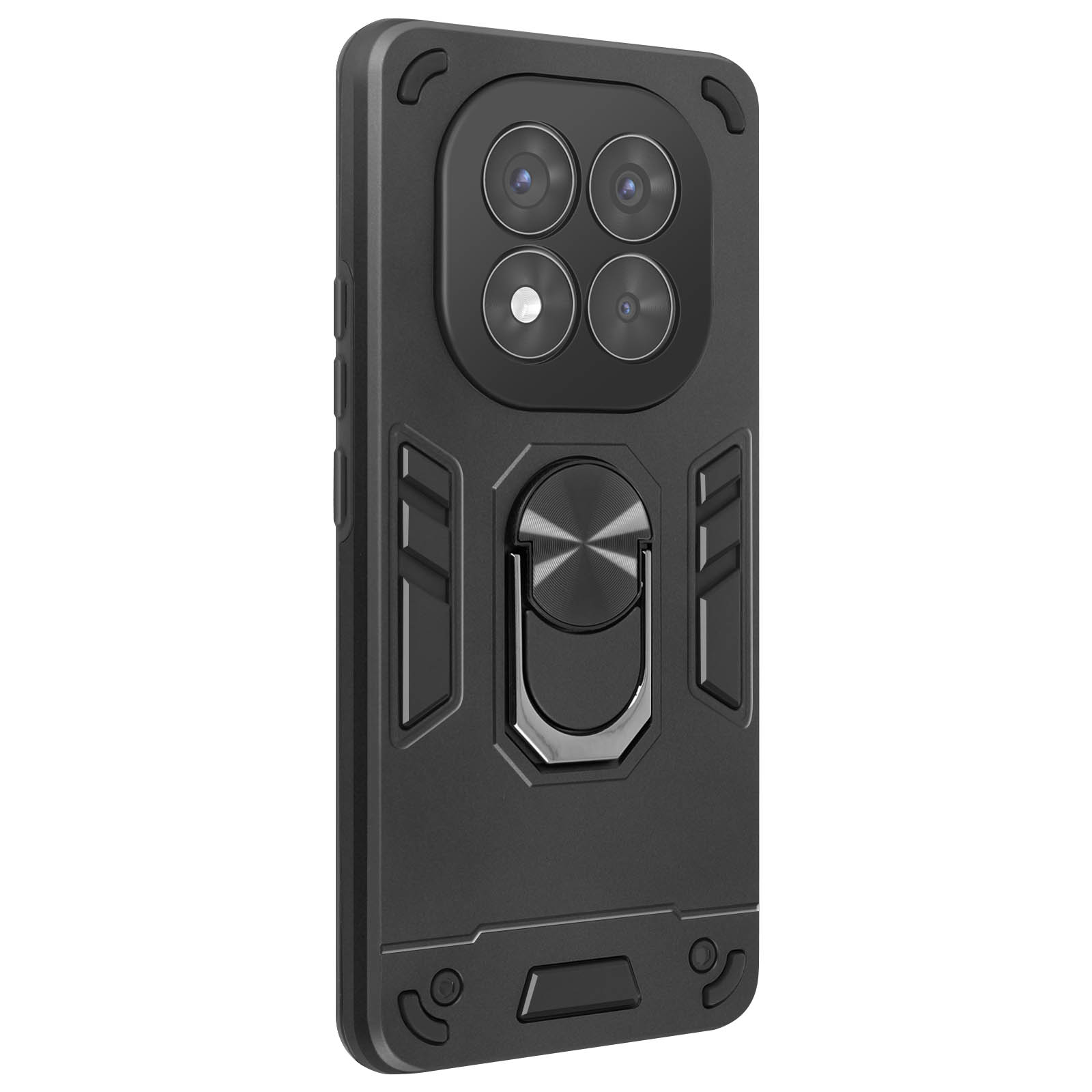 Custodia nera con supporto ad anello e configurazione della fotocamera. Sfondo bianco.