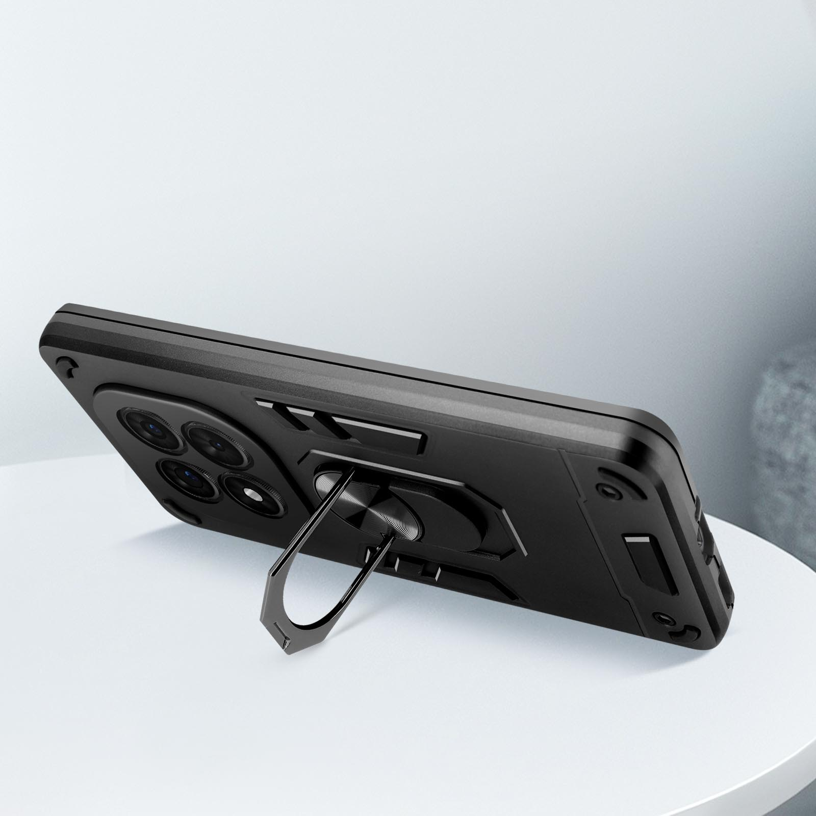 Custodia nera con supporto ad anello, in piedi. Sfondo bianco.