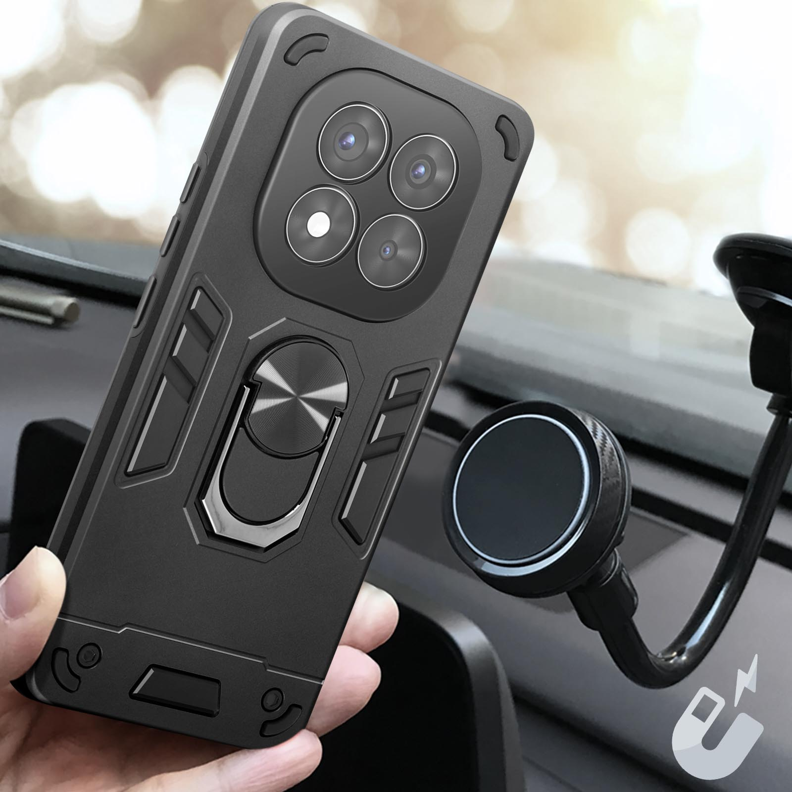 Custodia per telefono nera con supporto ad anello attaccato a un supporto per auto. Mano che tiene il telefono. Cruscotto dell'auto sullo sfondo.