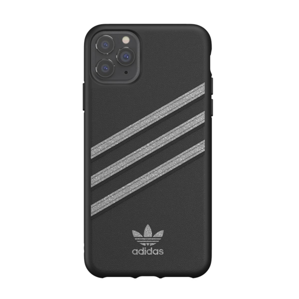 Custodia nera per telefono con logo e strisce Adidas. Il telefono ha più fotocamere.