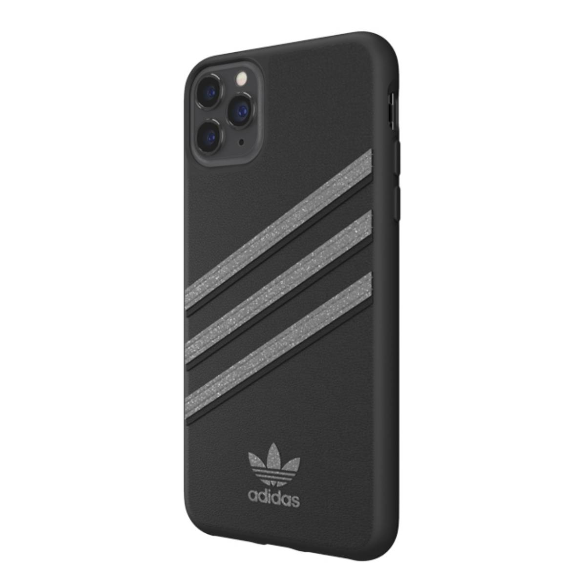 Custodia nera con strisce argentate e logo Adidas. Sfondo bianco.