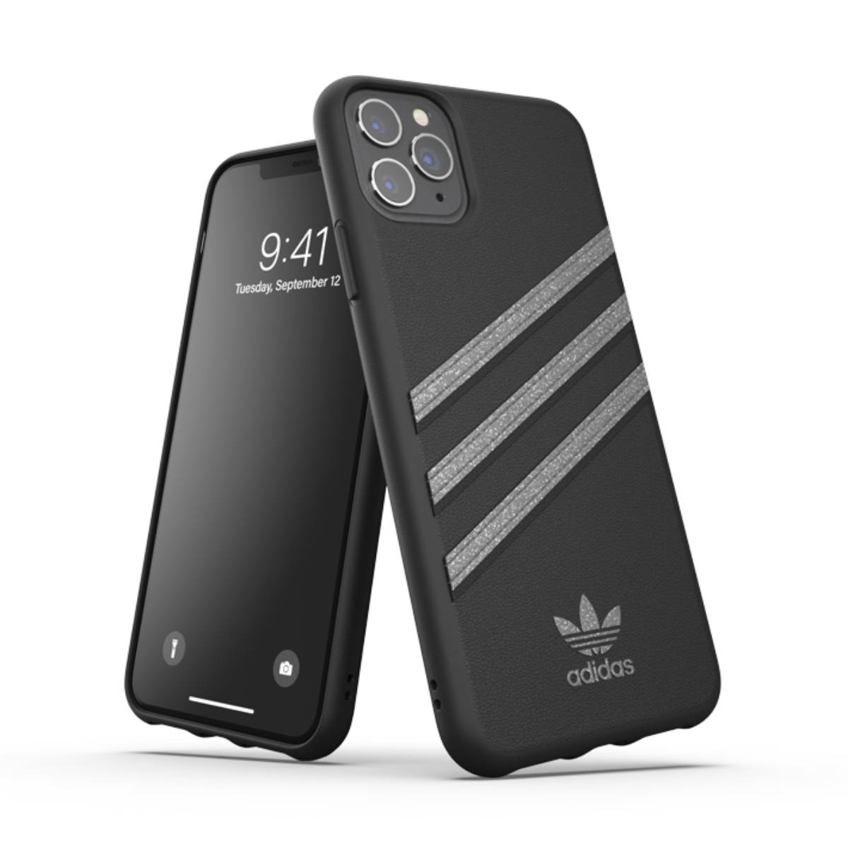 Custodia nera con strisce argentate e logo Adidas, accanto a un iPhone. Sfondo bianco.